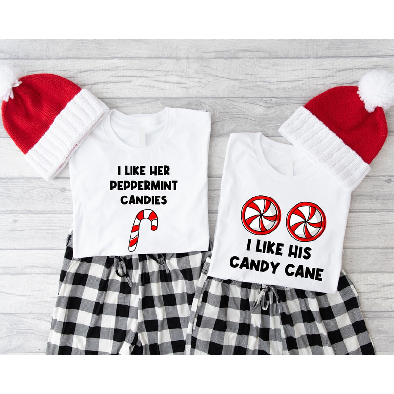 Funny Couples Christmas Shirts, Mr Mrs Matching Shirt, I Like Her Peppermint Candies T-Shirt, I Like His Candy Cane Shirt, His and Hers Tees.jpg