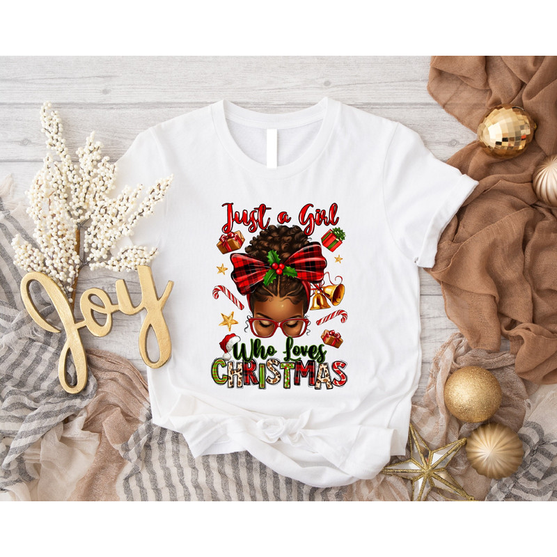 Just A Girl Who Loves Christmas Shirt, Afro Messy Bun Christmas Sweatshirt, Merry Christmas Girl T-Shirt, Afro Woman Christmas Hoodie, Xmas.jpg
