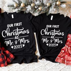 our first christmas as mr and mrs shirt, just married christmas sweatshirts, our first christmas married t-shirt, mr  mr