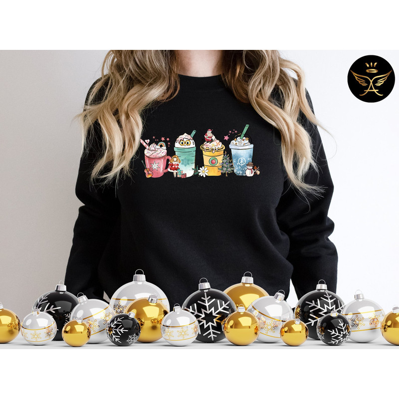Christmas Coffee Sweatshirt, Green Christmas Sweatshirt, Coffee Lover gift, Latte drink cup Crew, women Holiday sweater, cute winter shirt.jpg