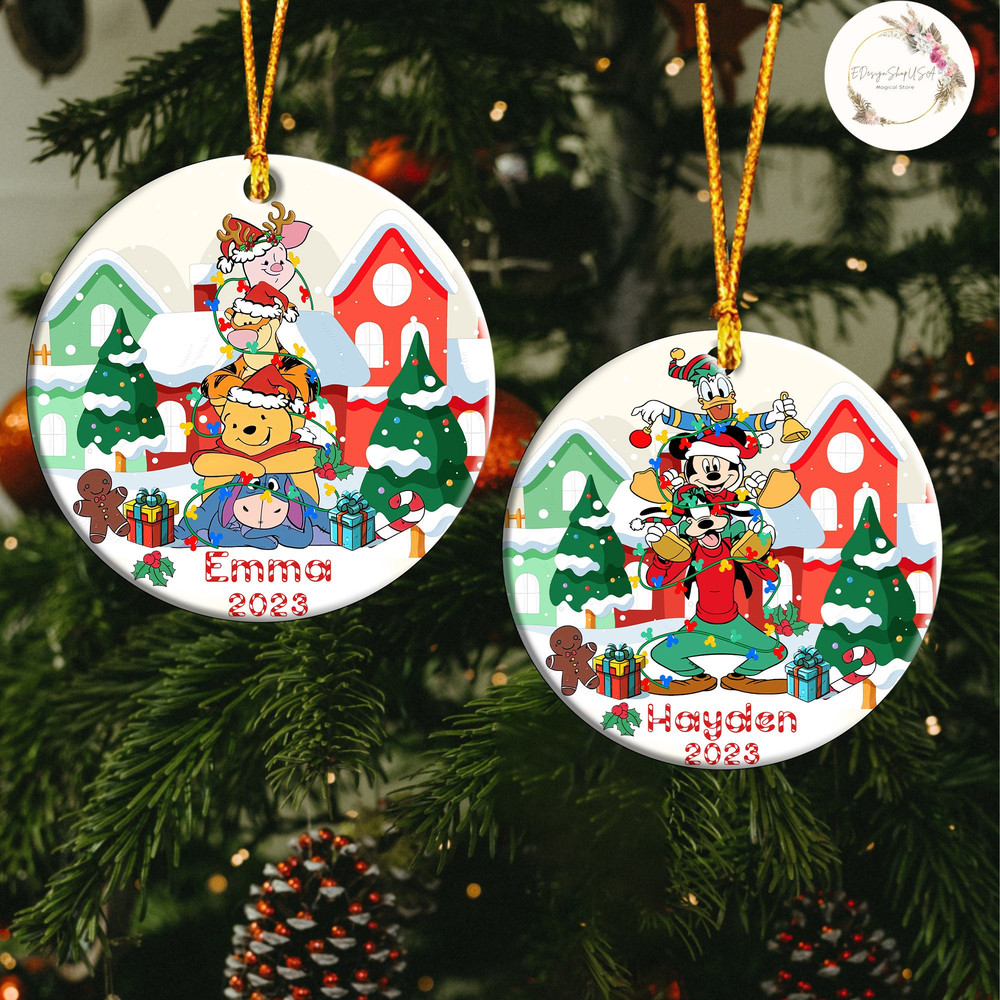 Personalized Disney Christmas Ornament, Mickey and Friends Family Christmas Tree Decor, Winnie The Pooh, Disney Cats Christmas Lights.jpg