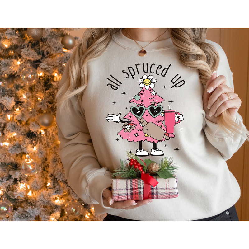 Boujee Christmas Shirt, Christmas Tree Sweatshirt, All Spruced Up Shirt, Bougie Fir Life Shirt, Holiday Boujee Shirt, Pink Christmas Tree.jpg