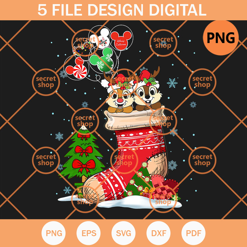 Chip And Dale In Sock Christmas PNG, Christmas Pine Tree PNG, Snow Flakes PNG - SVG Secret Shop.jpg