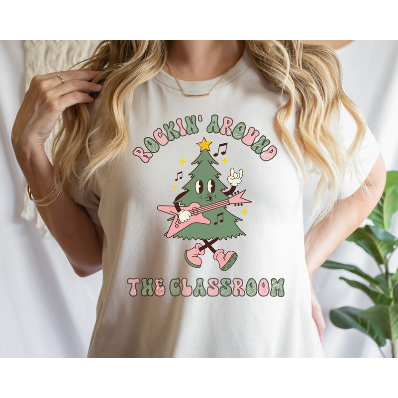 Rockin Around the Classroom Sweatshirt, Cute Teacher Christmas Gift Shirt, Retro Xmas Teacher T Shirt, Holiday Teacher Sweater.jpg
