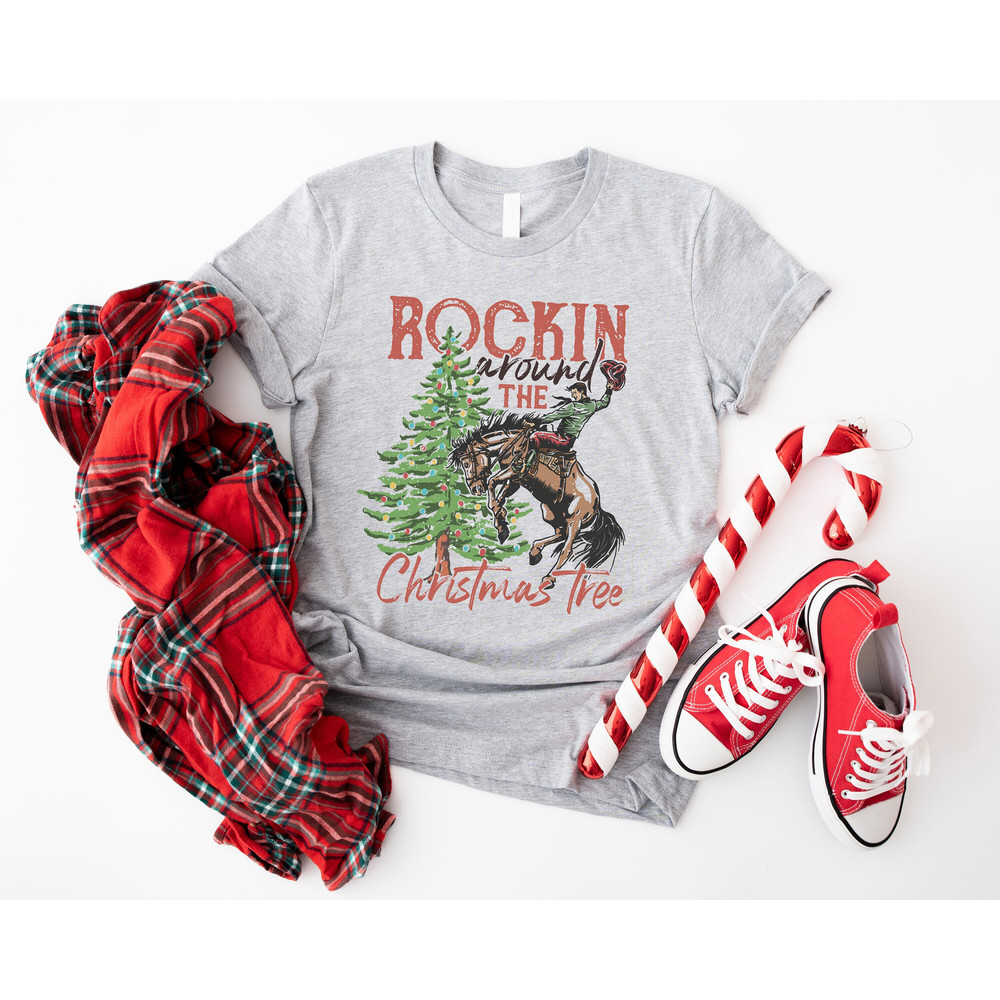 Rocking Around The Christmas Tree Shirt, Retro Christmas Western Shirt, Cowboy Christmas Shirt, Women's Christmas Shirts, Western Xmas Tee.jpg