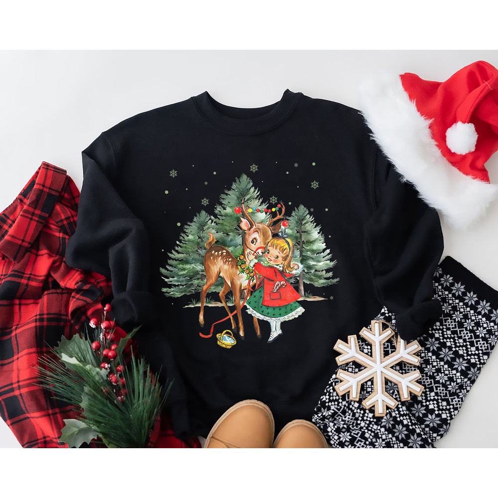 Vintage Christmas Girl and Reindeer Shirt, Retro Christmas Shirt, Retro 1950's Christmas Sweater, Christmas Tree Sweatshirt, Christmas Party.jpg
