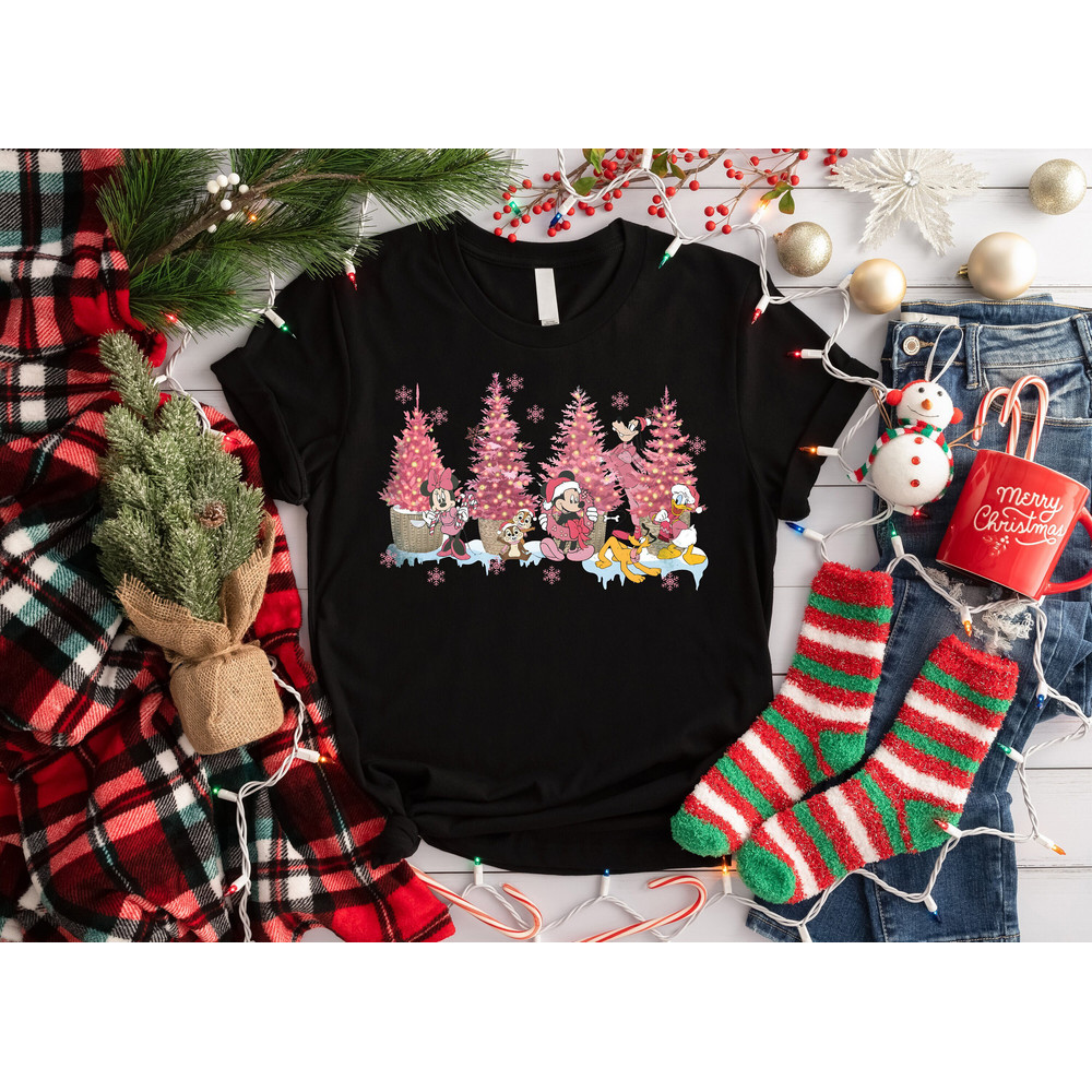 Vintage Mickey And Friends Pink Christmas Tree Shirt, Retro Disney Pink Christmas Shirt, Cute Christmas Shirt, Merry Christmas Shirt.jpg