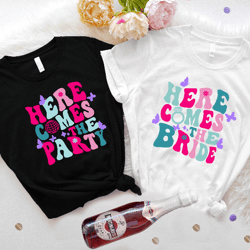 here comes the bride t-shirt, here comes the party shirt, bachelorette party matching tee, bridal shower outfit iu-58