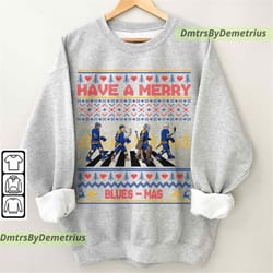 blues walking abbey road ice hockey shirt, binnington, kevin hayes, schenn, kyrou, st. louis ugly christmas sweatshirt u