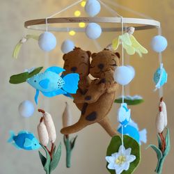 Otters mobile crib, baby mobile hanging, Nursery mobile felt, Baby shower gift