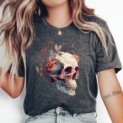 grunge shirt , fairy grunge shirt , floral skull shirt , flower skull shirt , botanical skeleton, flower skeleton boho,