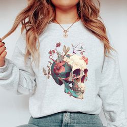grunge sweatshirt , skull sweatshirt , floral skull shirt , flower skull shirt , botanical skeleton, flower skeleton boh