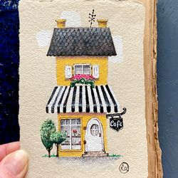 mini cafe painting original miniature artwork on handmade recycled paper by rubinova