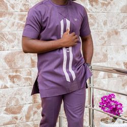 2pcs african men ankara suit with matching pants, fashion wear for men- purple