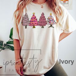 pink christmas tree t-shirt, cute christmas shirt, women holiday shirt, iprintasty christmas, women christmas shirt, com