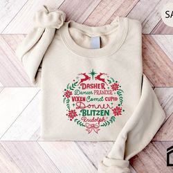 reindeer christmas sweatshirt, merry christmas shirt, reindeer names sweater, christmas crewneck, holiday sweater, xmas