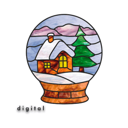 Christmas Snow Globe Stained Glass Pattern, Christmas Village Stained Glass Window