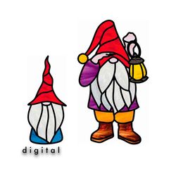 Stained Glass Pattern Gnome With a Lantern Set of 2