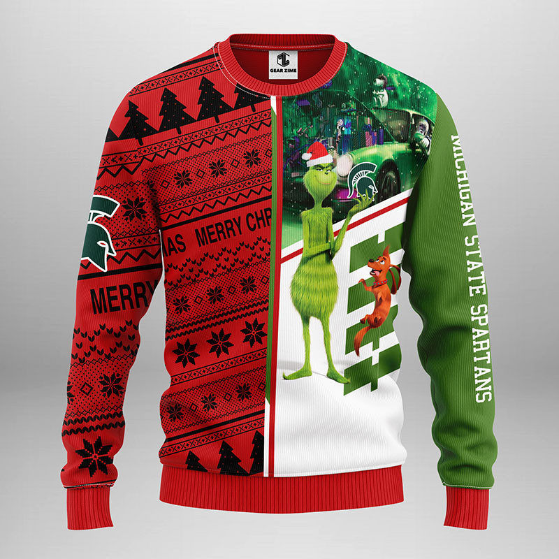 NCAA Michigan State Spartans Grinch & Scooby-doo Ugly Hoodie 3D Zip Hoodie 3D Ugly Christmas Sweater 3D Fleece Hoodie