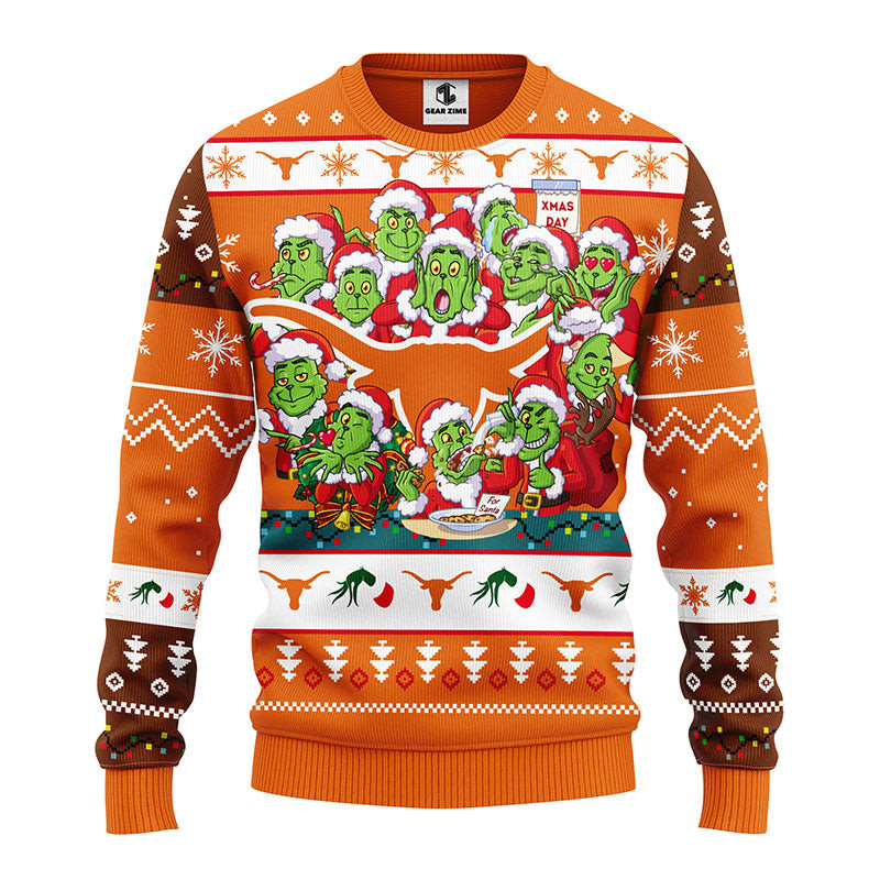 NCAA Texas Longhorns 12 Grinch Ugly Hoodie 3D Zip Hoodie 3D Ugly Christmas Sweater 3D Fleece Hoodie