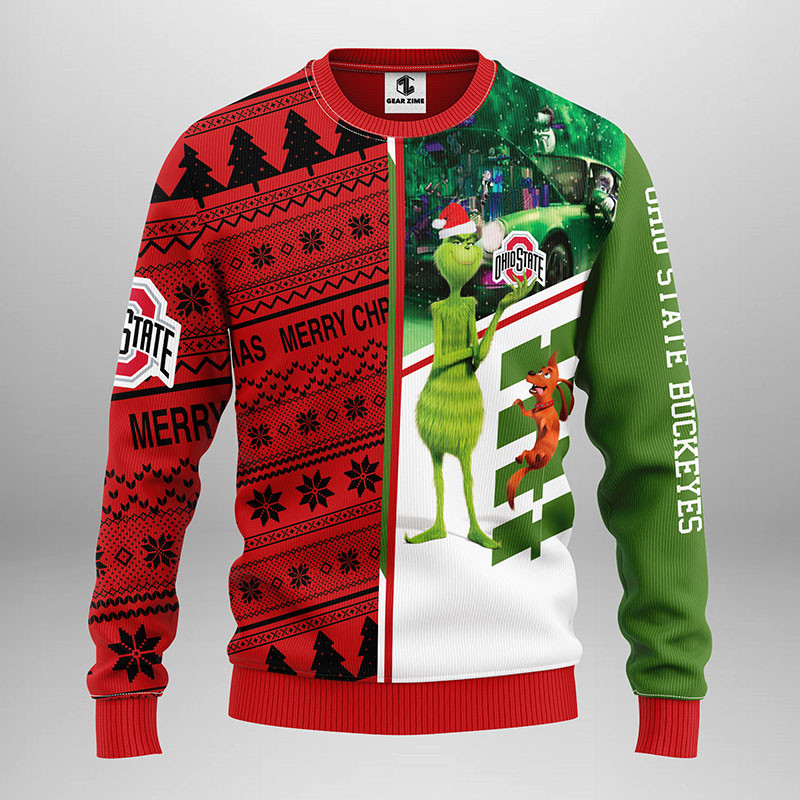 NCAA Ohio State Buckeyes Grinch & Scooby-doo Ugly Hoodie 3D Zip Hoodie 3D Ugly Christmas Sweater 3D Fleece Hoodie