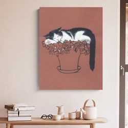 cat sleeping on flowers watercolor painting, original watercolour art print