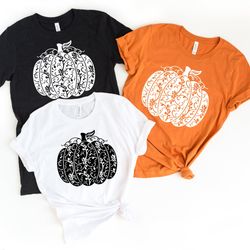 floral pumpkin shirt, fall t-shirts, pumpkin shirt for women, halloween pumpkin tee, cute fall shirt