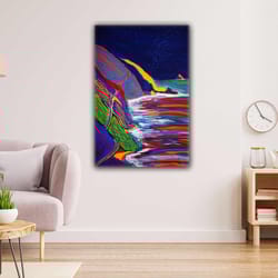 beach nature seascape with oil painting effect neon lights roll up canvas, stretched canvas art, framed wall art paintin