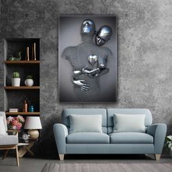 3d-looking silver couple hugging love chain metal roll up canvas, stretched canvas art, framed wall art painting