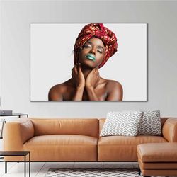 african female model in red skirt turquoise lipstick makeup ethnic roll up canvas, stretched canvas art, framed wall art