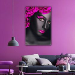 african model with pink rose hair, woman with pink color makeup roll up canvas, stretched canvas art, framed wall art pa