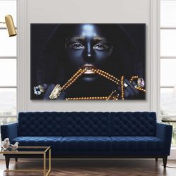 african pearl inserted women's gold beads blue eye roll up canvas, stretched canvas art, framed wall art painting