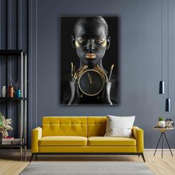 african woman with golden watch model gold women roll up canvas, stretched canvas art, framed wall art painting