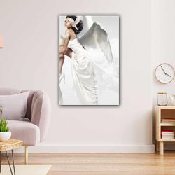 angel woman white dress wing wedding dress model pigeon angel roll up canvas, stretched canvas art, framed wall art pain