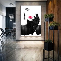 black and white linear woman with red lipstick standing hand on chin decor roll up canvas, stretched canvas art, framed