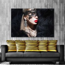 black masquerade woman with silver earrings red lipstick prom party roll up canvas, stretched canvas art, framed wall ar
