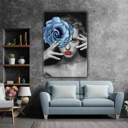 blue rose woman model makeup flower with red lipstick roll up canvas, stretched canvas art, framed wall art painting
