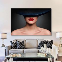charismatic model with black fedora hat and red lipstick roll up canvas, stretched canvas art, framed wall art painting-