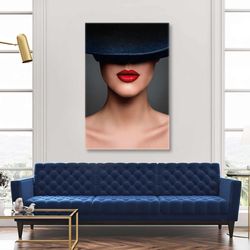 charismatic model with black fedora hat and red lipstick roll up canvas, stretched canvas art, framed wall art painting
