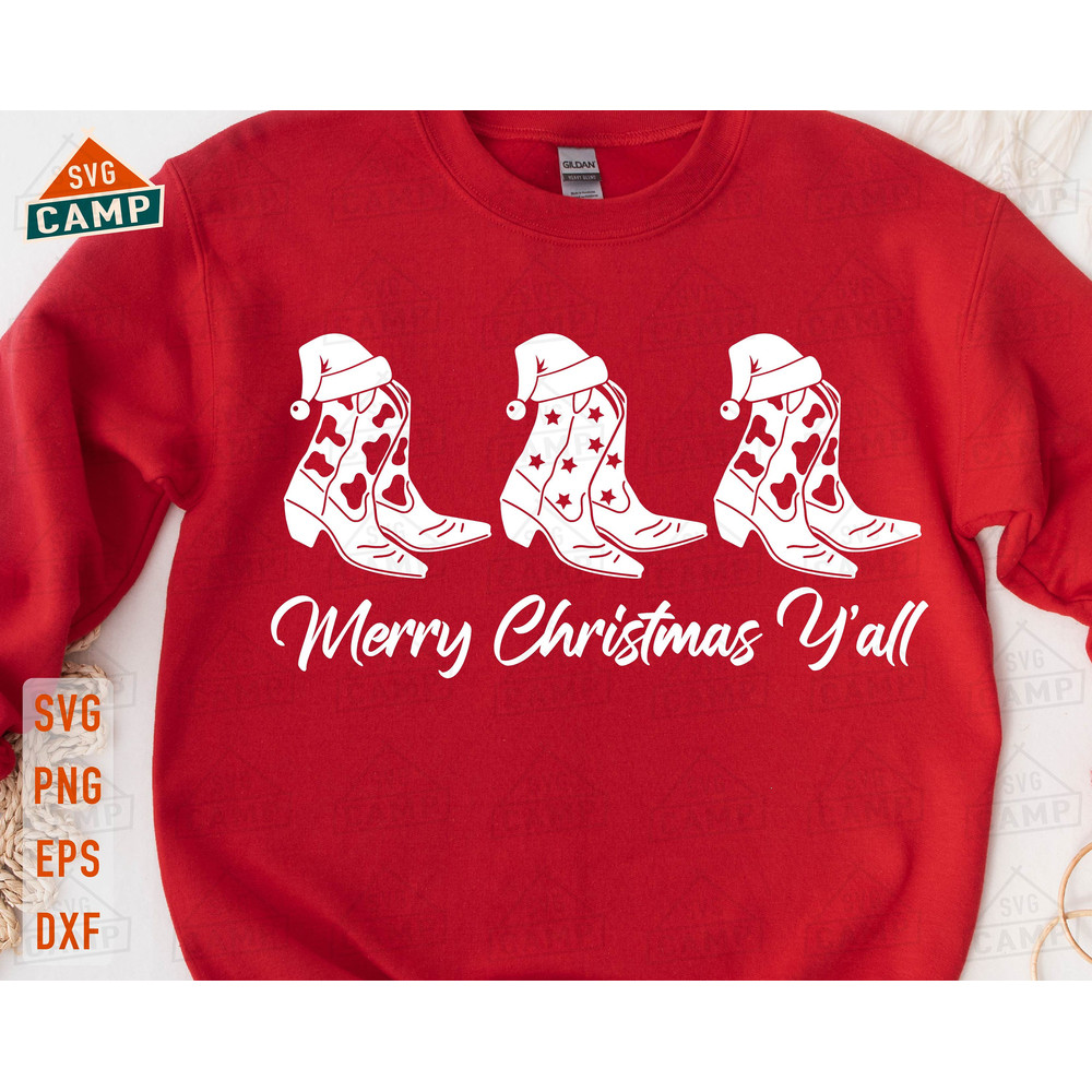 Merry Christmas Y'all Boot Svg, Country Christmas Svg, Cowboy Boots Svg, Western Christmas Svg, Howdy Santa Svg, Christmas Shirt Svg.jpg