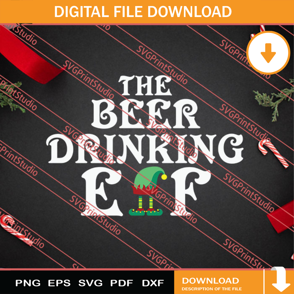 The Beer Drinking ELF Merry Christmas SVG, Merry X'mas SVG, Christmas Gift SVG PNG EPS DXF Silhouette Cut Files.jpg