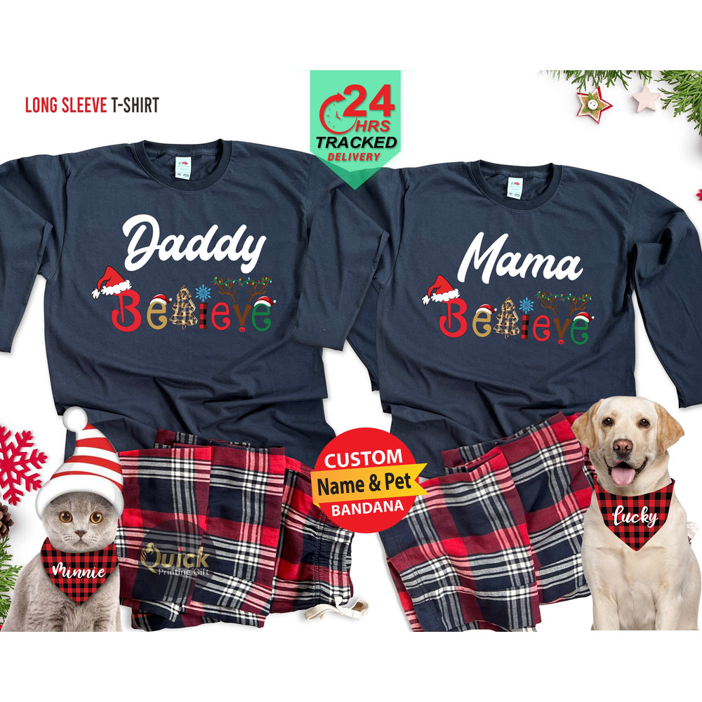 Christmas Daddy Mummy Believe Long Sleeve Tshirt, Personalised Christmas Family Shirt, Holiday Pyjama Set, Dad Mum Matching Christmas Outfit.jpg