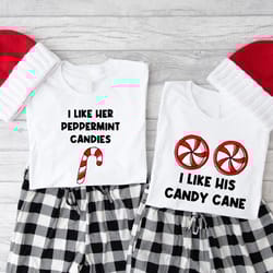 funny couples christmas shirts, mr mrs matching shirt, i like her peppermint candies t-shirt, i like his candy cane shir