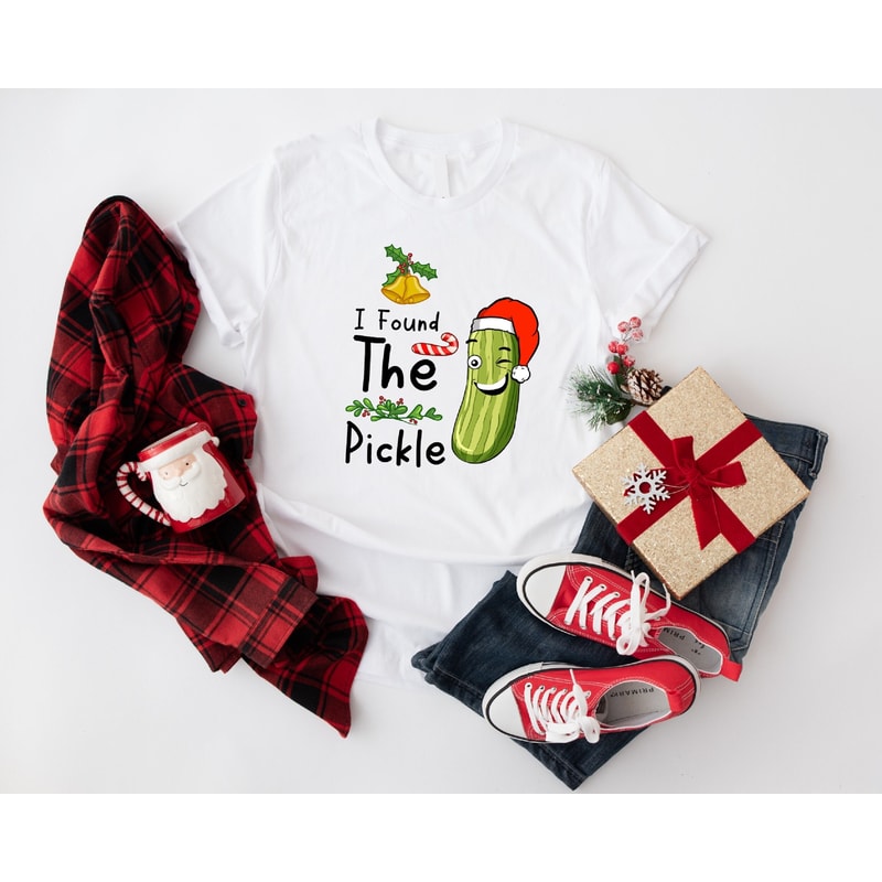 I Found The Pickle Christmas Shirt, Christmas Pickle T-Shirt, Funny Christmas Party Tee, Pickle Wearing Santa's Hat, Adult Kids Xmas Clothes.jpg