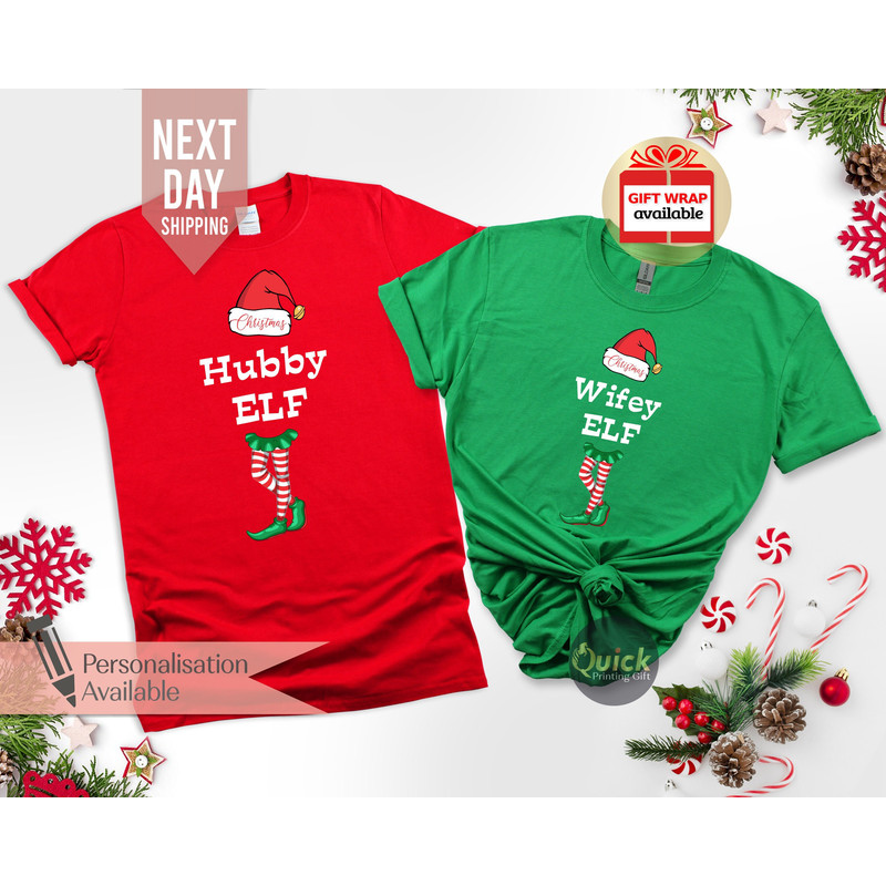 Hubby Wifey Elf Christmas Shirt, Elf Costume, Matching Couple Christmas Shirt, Christmas tshirt Women Men Kids, Christmas Gift for Wife.jpg
