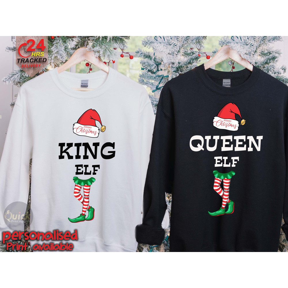 King Queen Couple Christmas Sweatshirt, Matching Family Christmas Elf Shirts, Funny Christmas Jumper, Couple Christmas Gifts.jpg