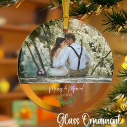 personalized couple photo glass ornament, custom photo ornament for couple, newly married couple ornament