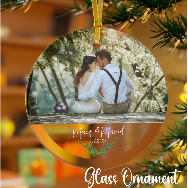 Personalized Couple Photo Glass Ornament, Custom Photo Ornament For Couple, Newly Married Couple Ornament, Mr and Mrs Photo Ornament.jpg