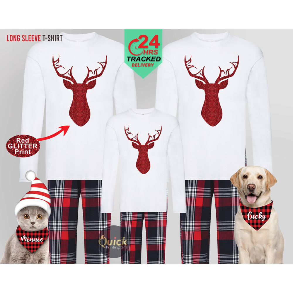 Matching Christmas Family Pyjamas, Christmas Reindeer Long Sleeve Tshirt Men Women, Christmas Couple Pajamas, Xmas Dog Cat Bandana GIft UK.jpg