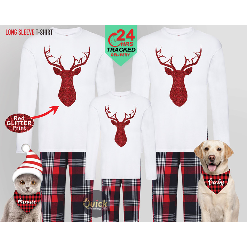 Matching Christmas Family Pyjamas, Christmas Reindeer Long Sleeve Tshirt Men Women, Christmas Couple Pajamas, Xmas Dog Cat Bandana GIft UK.jpg